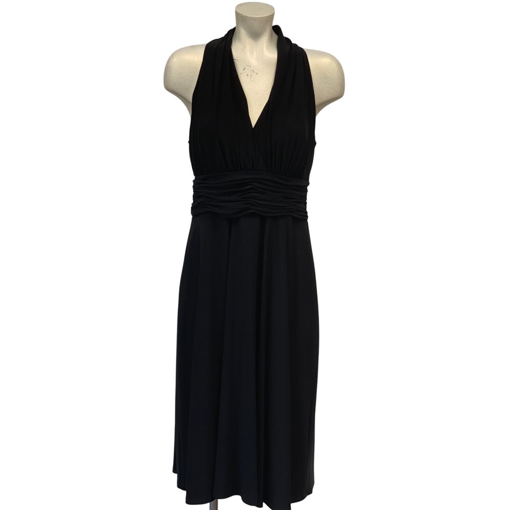 Jones Wear Black Halter Ruched V-Neck Evening Cocktail Dress Size 12 Knee Length